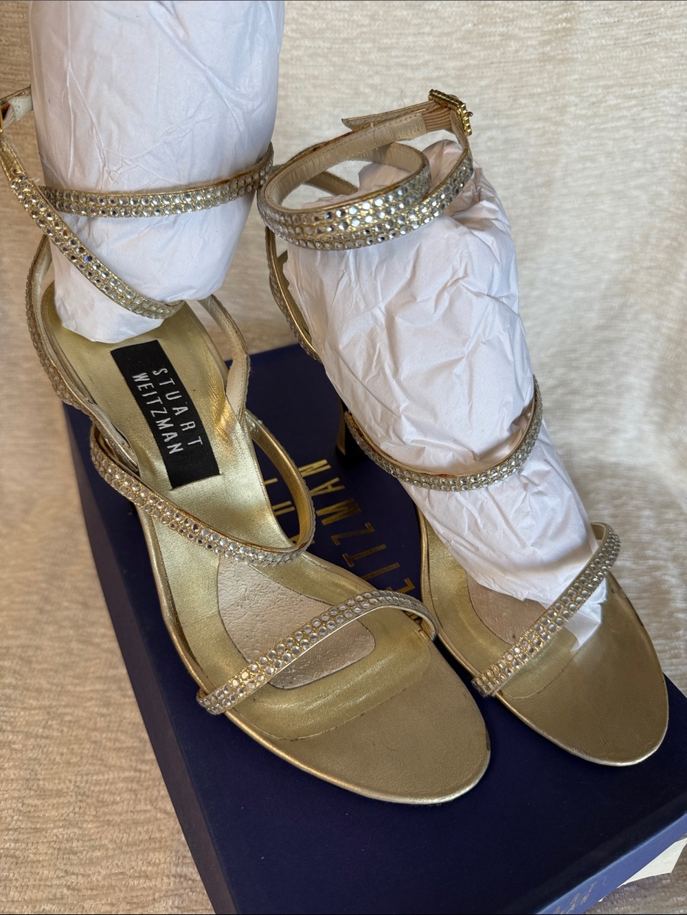 Stuart Weitzman Gold Crystal-Strap Heeled Sandals